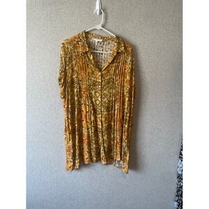 Jane +‎ Delancey Tunic Top XL Orange Brown Floral Print Button Front Rayon